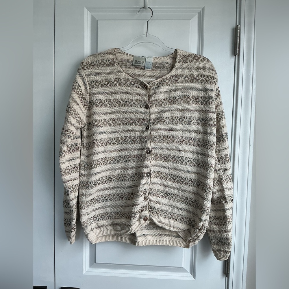 Classic Elements Vintage Knitted Cream Fair Isle Pattern Button Cardigan (Sz M)